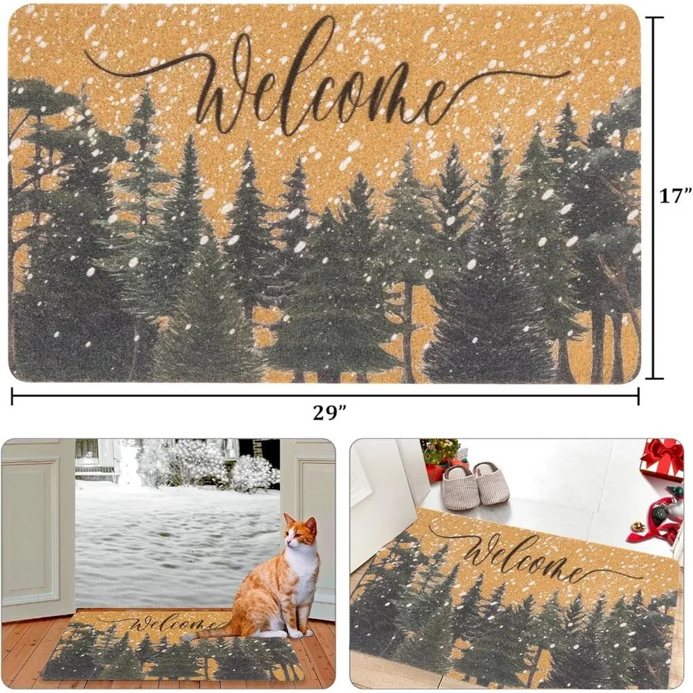 Festive 17x30” Outdoor Doormat, Faux Coir with Non-Slip Backing & Pine Trees